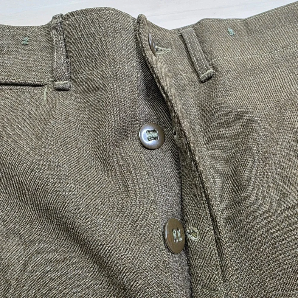 Vintage Military Wool Trousers Olive Drab High Waisted Button Fly Pants 32 x 33